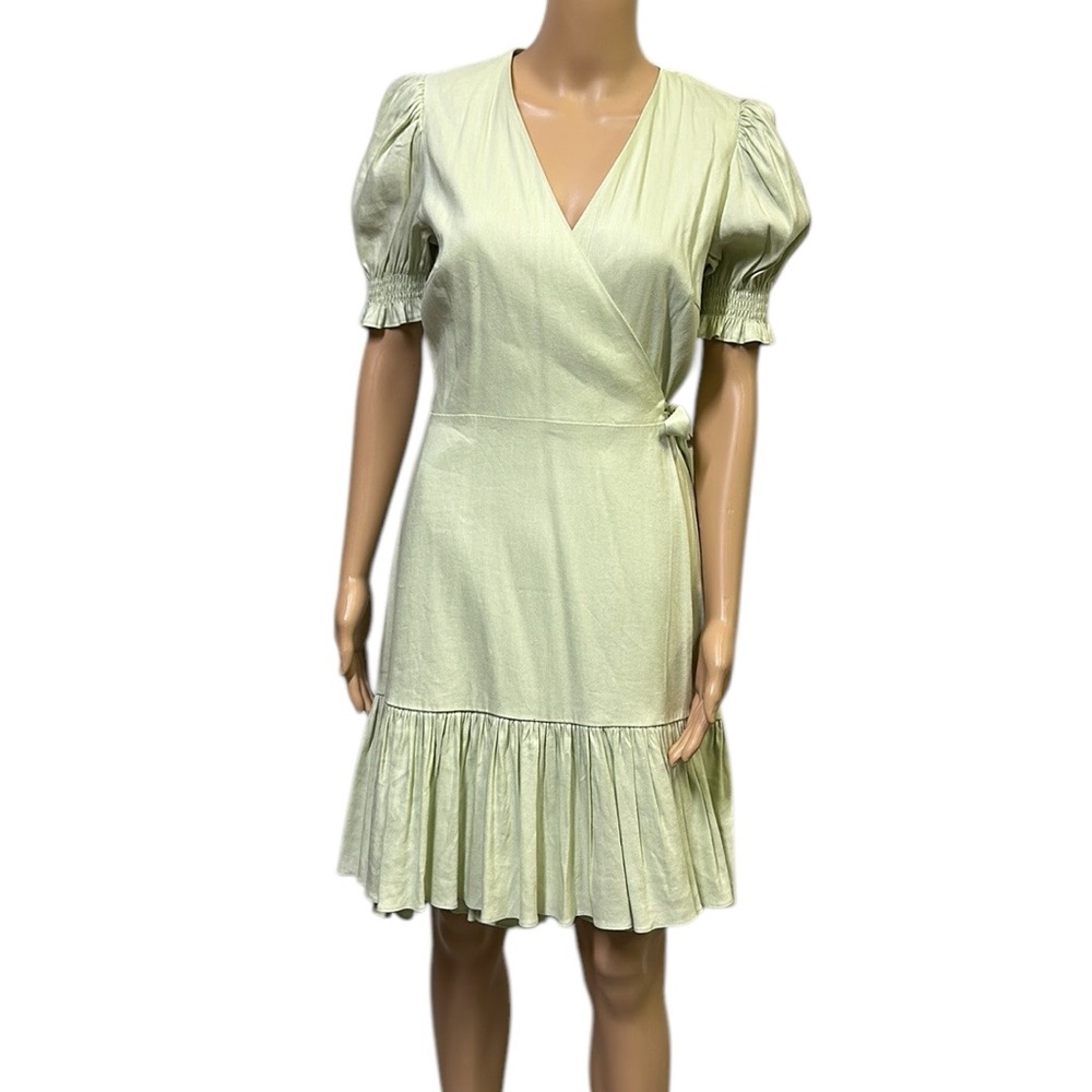 Antonio Melani Cleo Linen Surplice V Neck Short Puff Sleeve Wrap Dress Womens 6